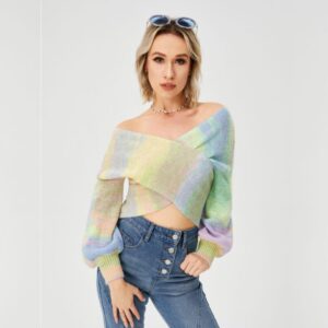 Frenchy Rainbow Stretch Off Shoulder Sweater